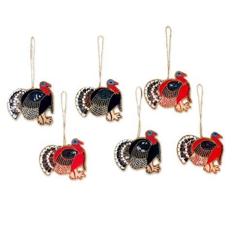 Handmade Turkey Christmas Ornaments (Set of 6) - Holiday Turkeys | NOVICA