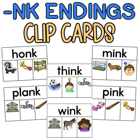 -nk Sound Words | Free PDF Clip Card Activity | -nk Blends