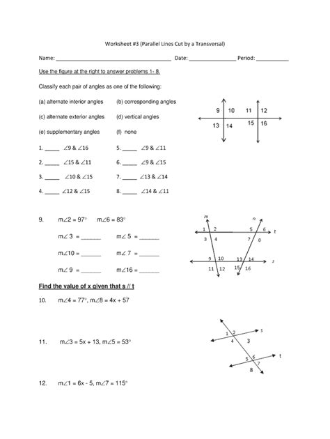 Parallel Lines Cut By A Transversal Equations Worksheet - Equations ...