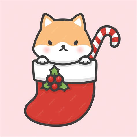 Premium Vector | Cute shiba inu dog in sock christmas hand drawn ...