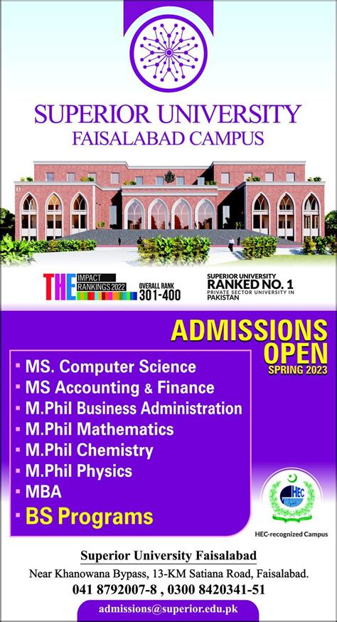 Superior University Faisalabad Campus BS and MS Programs Admission ...