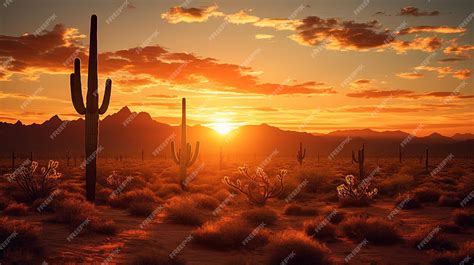 Premium AI Image | Desert sunset with cacti shadows silhouette concept