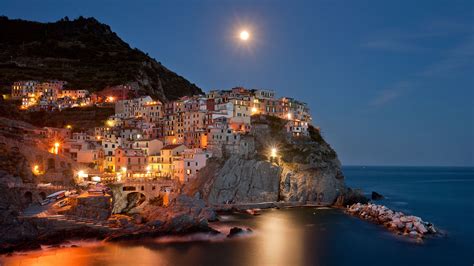 Manarola village night view from the Cinque Terre on the Italian ...