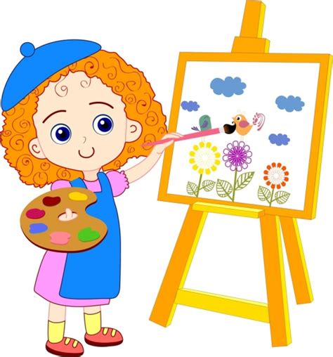 Painting Girl Drawing Colored Cartoon Cute Girl Icon-vector Cartoon ...