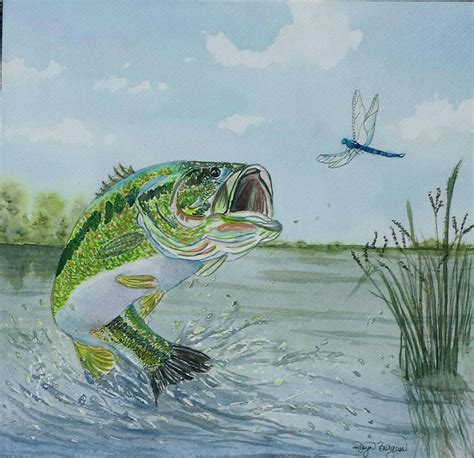 Largemouth Bass Jumping watercolor print | Etsy | Fish drawings, Bass ...