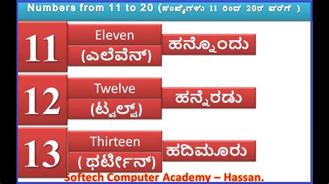 11 to 20 numbers in English and Kannada, by : #SOFTECH_HASSAN - YouTube