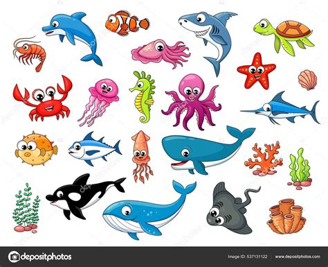 Cartoon Underwater Animals Characters Vector Fishes Ocean Sea Funny ...