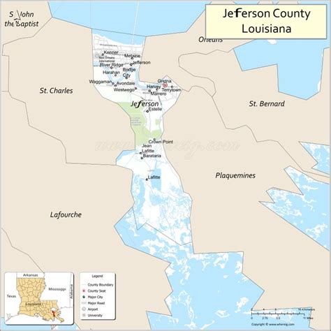 a map of jefferson county in the state of lousiana, with major cities