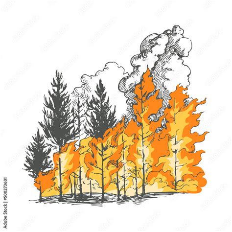 Vector hand drawn illustration with burning forest. Sketch with ...