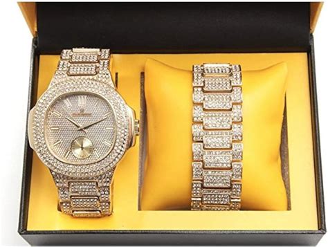 Amazon.com: ICE BOX Cuban Link Bracelet & AP Watch Set. Gold Bust Down ...