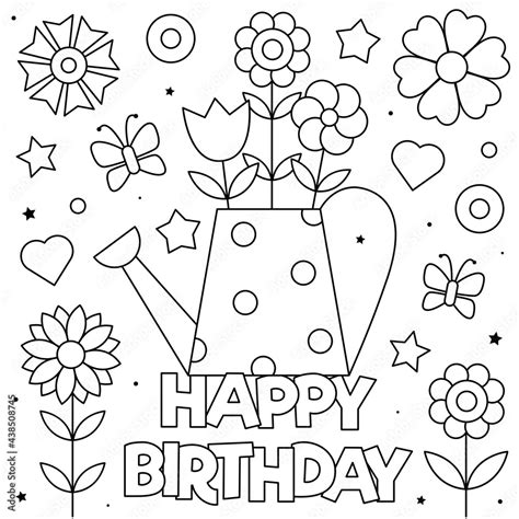 Happy Birthday. Coloring page. Vector illustration of flowers. Stock ...