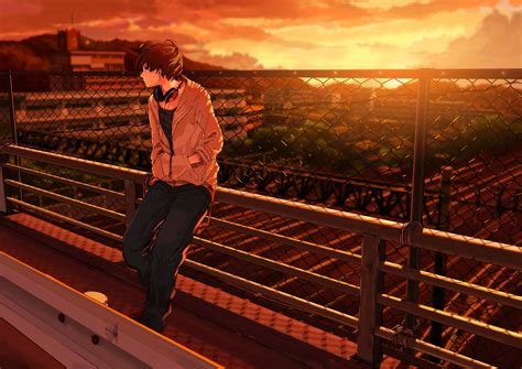 Anime Boy at Sunset: A Captivating HD Wallpaper