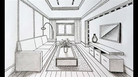 How to draw a living room in one point perspective - YouTube 1 Point ...