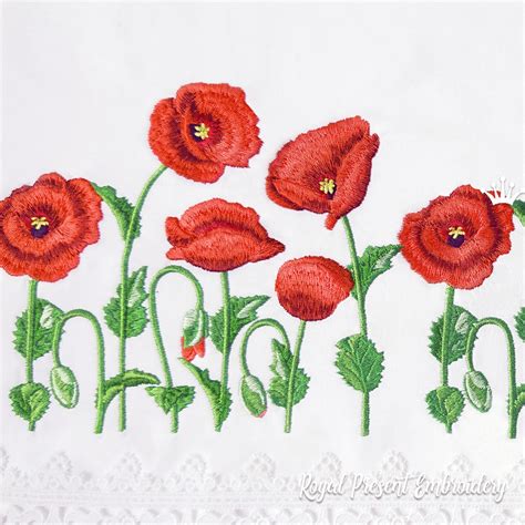 Poppy border Machine Embroidery Design - 3 sizes | Royal Present Embroidery