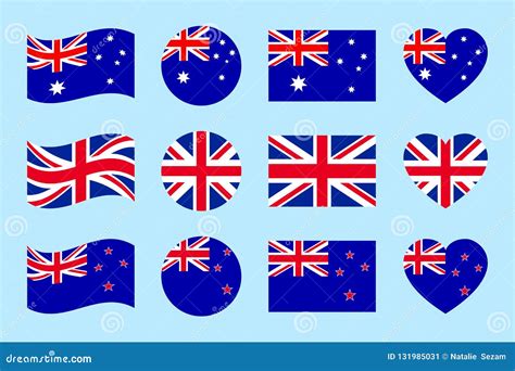 Australia, Great Britain, New Zealand Flags Vector Set. Flat Isolated ...