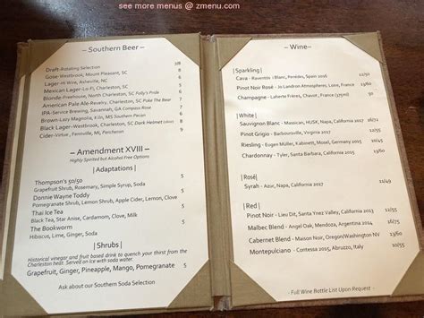 Menu at Husk pub & bar, Charleston, 74 Queen St