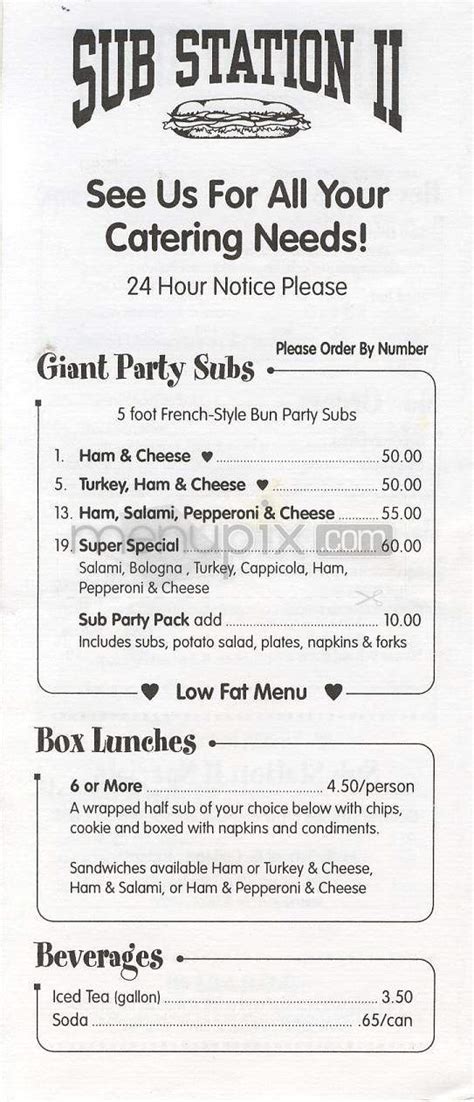 Menu of Sub Station II in Hickory, NC 28601