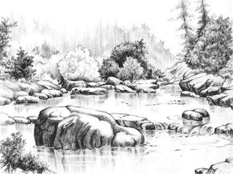 River Landscape | Landscape pencil drawings, Landscape sketch, Pencil ...