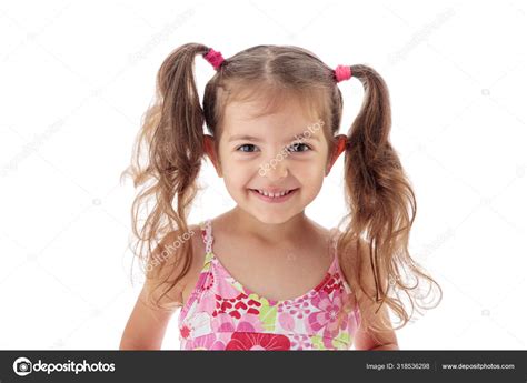 Happy beautiful little girl smiling against camera, portrait Stock ...