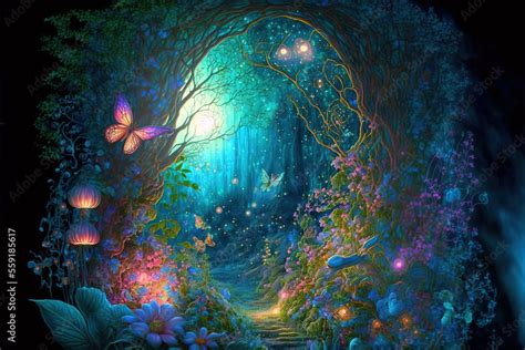 Fantasy fairy tale background. Fantasy enchanted forest with magical ...