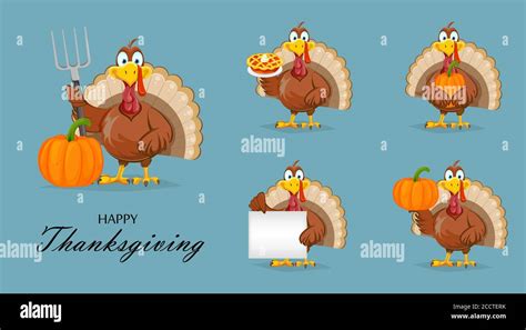 Happy Thanksgiving Day. Funny Thanksgiving Turkey bird, set of five ...