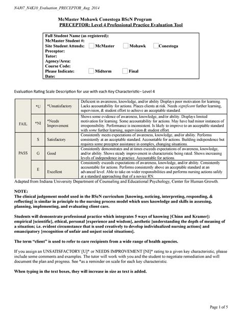 N4J07 N4K10 Evaluation Preceptor Aug. 2014 (2) - McMaster Mohawk ...