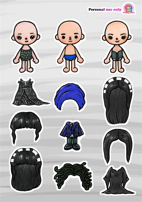 Paper dolls of Toca Boca version of Netflix Wednesday Paper Dolls Diy ...