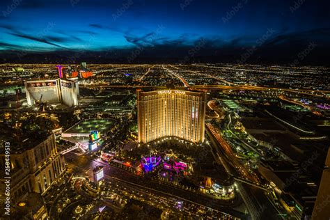 Las Vegas skyline at sunset - The Strip - Aerial view of Las Vegas ...