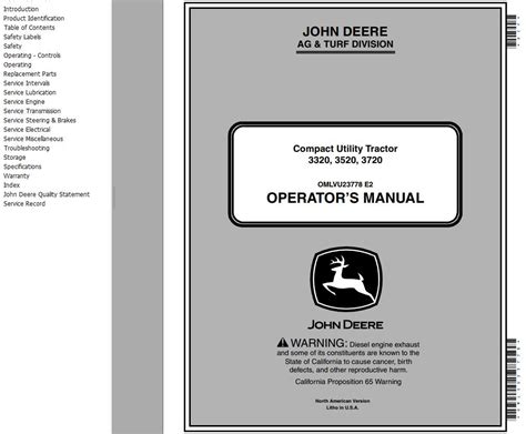 John Deere Compact Utility Tractor 3320 3520 3720 Operator's Manual