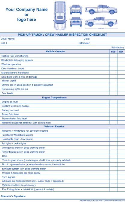 3116 - Pick-Up Truck – Crew Hauler Inspection Checklist - Crownmax.com