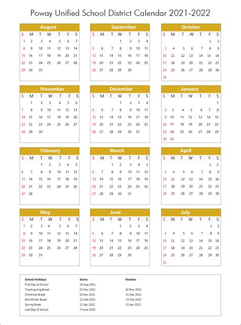 Poway Unified School District Calendar Holidays 2021-2022