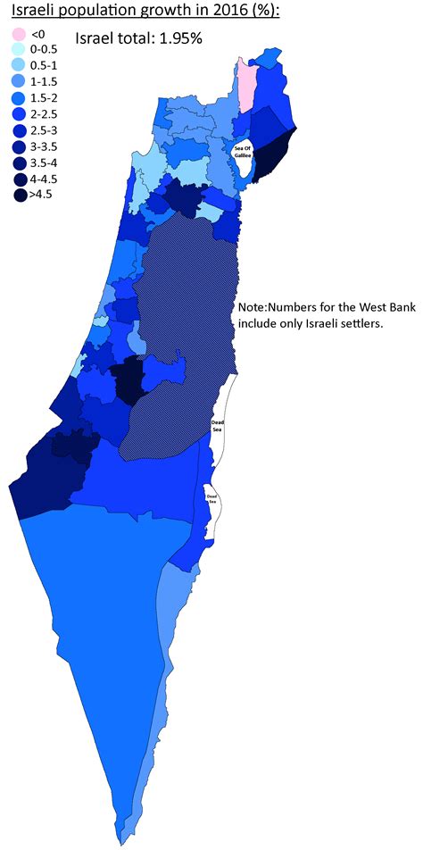 Population growth in Israel during 2016 [OC] [1536 x 3086] : MapPorn