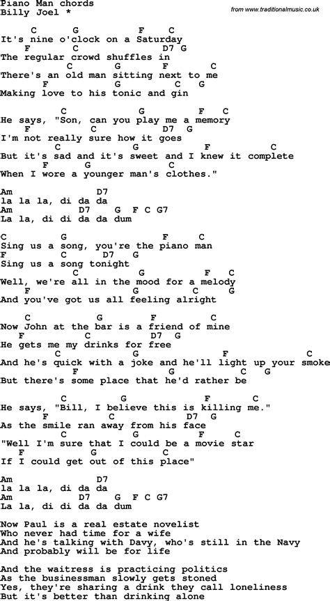 Song Lyrics with guitar chords for Piano Man | Music | Pinterest ...