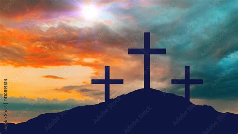 crucifixion, religion and christianity concept - silhouettes of three ...