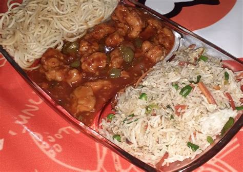 Chicken Manchurian with egg fried rice and herb noodles Recipe by ...