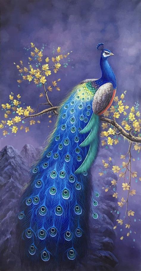 Blue peacock oil painting birds art decor original blue peacock art ...