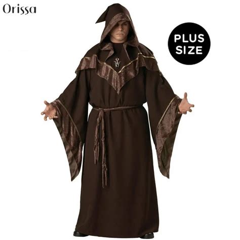 Adult Mens Wizard Mystic Sorcerer Hooded Robe Brown Halloween Monk ...