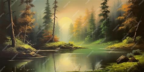 Premium AI Image | A painting of a forest with a sunset in the background