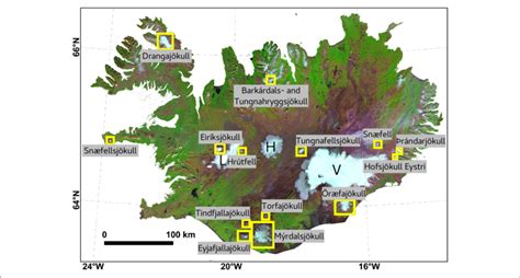 | Map of Iceland showing the 14 glaciers of this study (yellow boxes ...