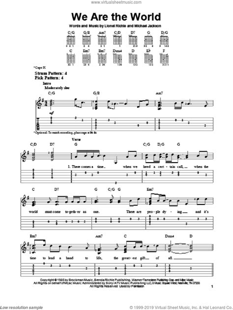 We Are The World sheet music for guitar solo (easy tablature)