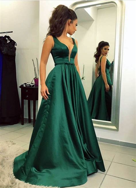 Emerald Green Satin V-neck Prom Dresses Long Backless Evening Gowns ...