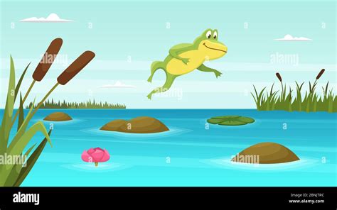 Frog jumping in pond. Vector cartoon background Stock Vector Image ...