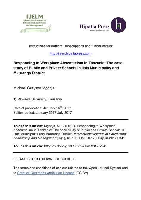 (PDF) Responding to Workplace Absenteeism in Tanzania: The case study ...