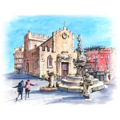 Premium Photo | Watercolor sketch of cathedral of taormina and fountain ...