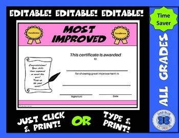 Most Improved Certificate - Editable by Diazi Blue Learning | TpT