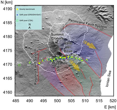 Etna volcano map with the location of the gravity stations running from ...