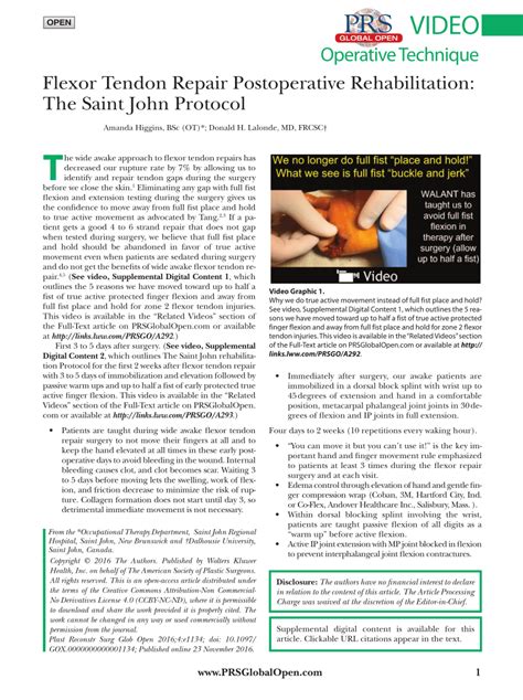 (PDF) Flexor Tendon Repair Postoperative Rehabilitation: The Saint John ...