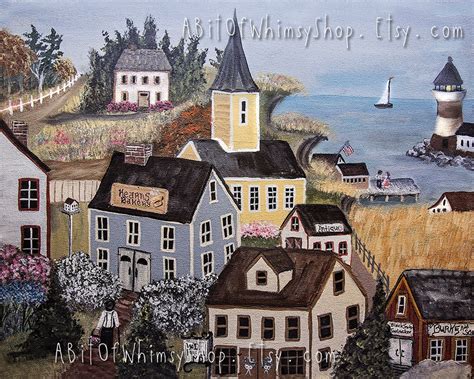 American Folk Art Print New England Seaside Village Print of Acrylic on ...