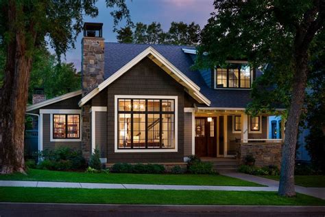 Architecture, Green Craftsman Houses Brown Brick Front Porch Pillar ...