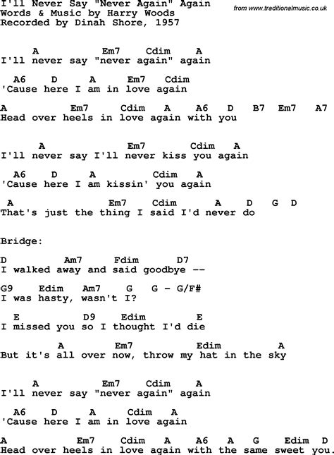 Song lyrics with guitar chords for I'll Never Say Never Again Again ...